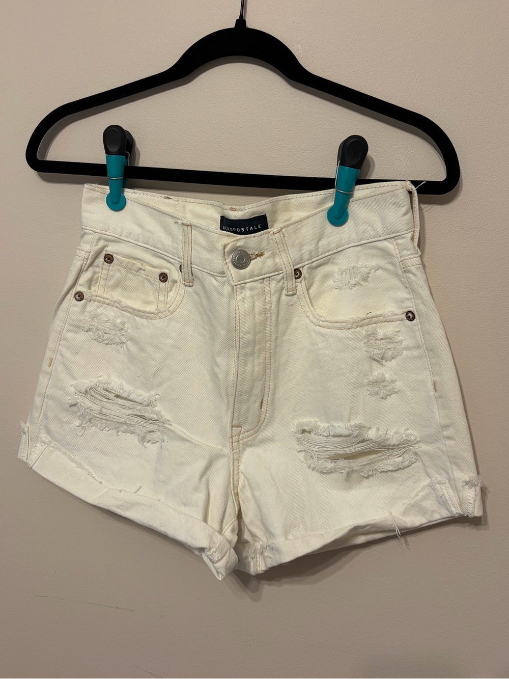 Aeropostale Cream High-Rise Distressed Denim Shorts